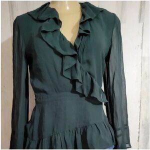 Chan Luu Flamenco Ruffle Georgette Wrap Blouse‎ in Dark Spruce Green
